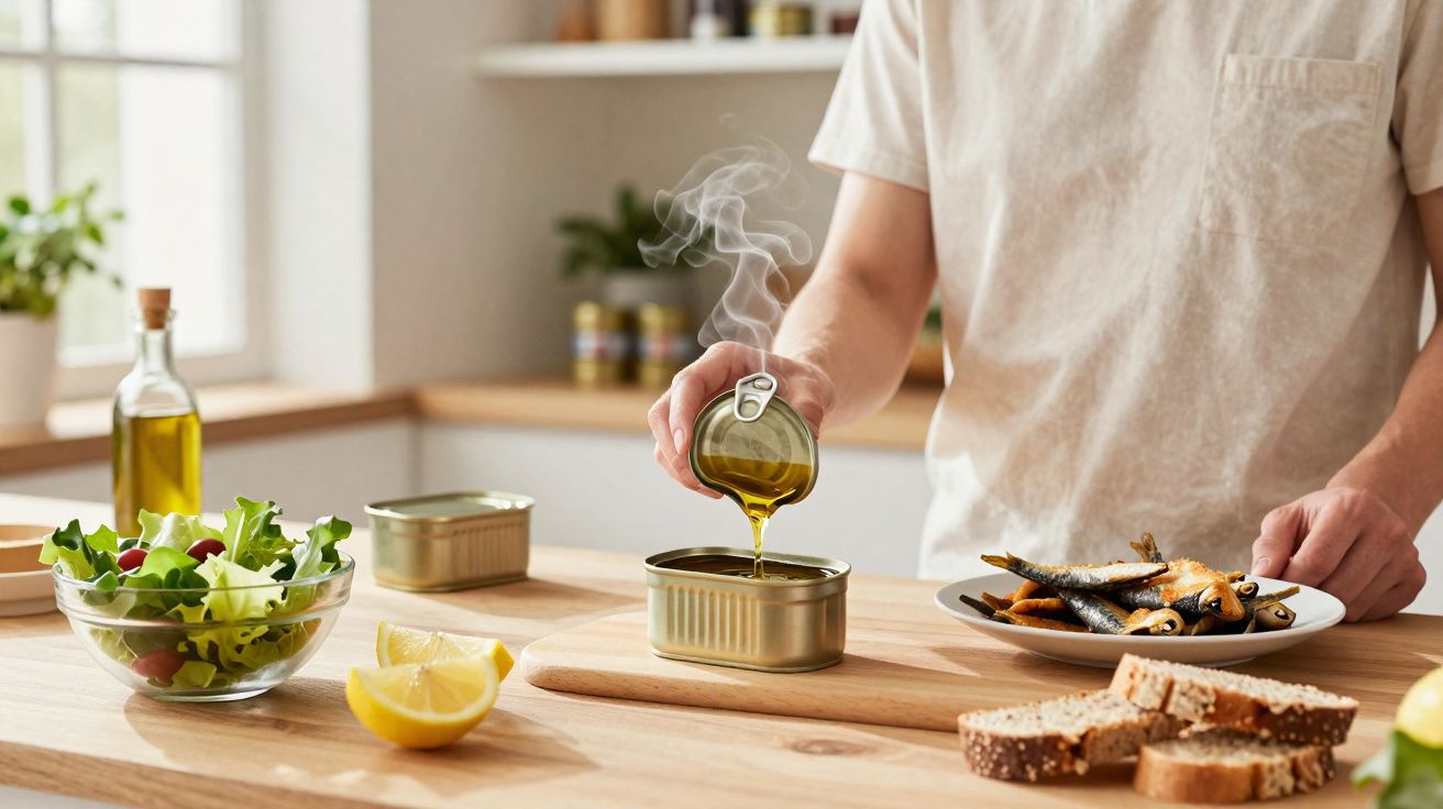Pessoa a preparar sardinhas em conserva com azeite numa cozinha luminosa e moderna.