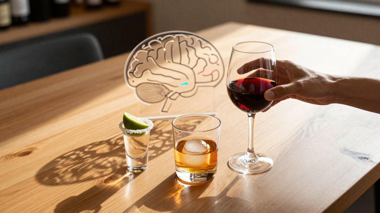 Mesa com três copos de bebidas alcoólicas e uma mão a segurar um copo de vinho tinto, com sombra de cérebro atrás.