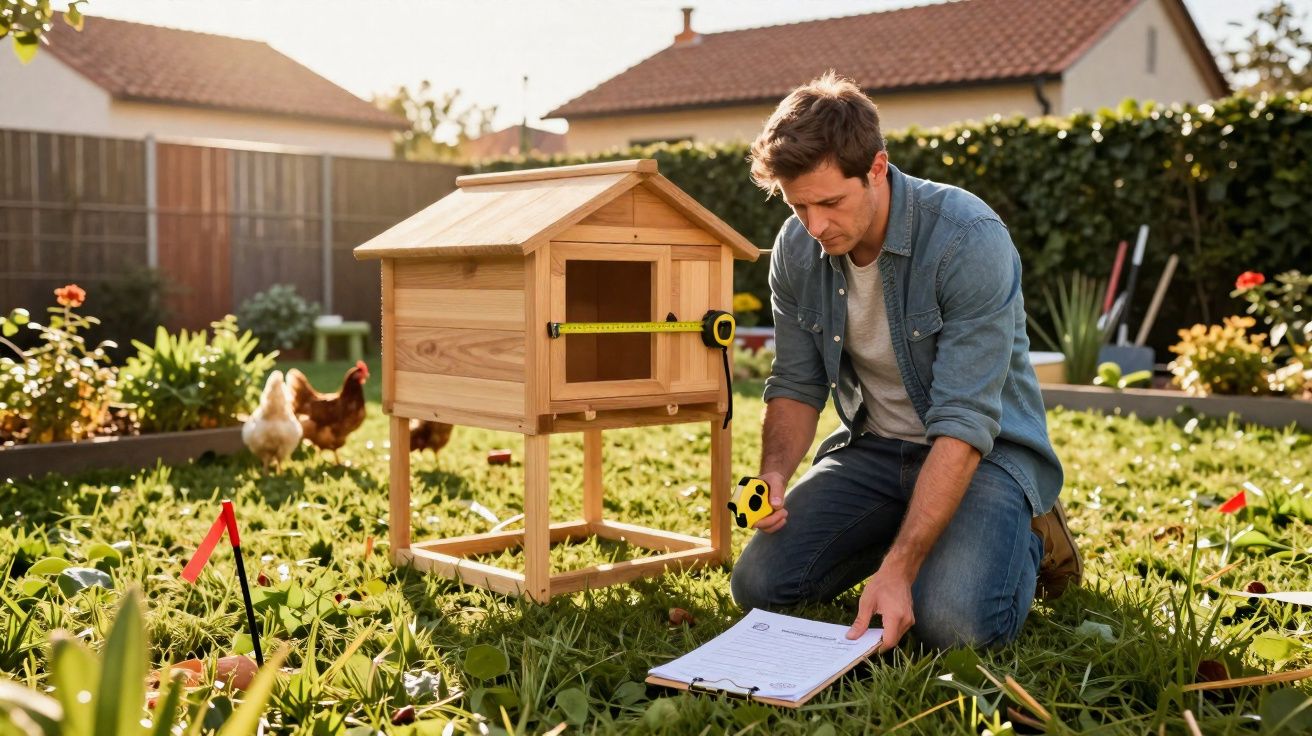 Homem com fita métrica mede uma casa de madeira para galinhas num jardim ensolarado.