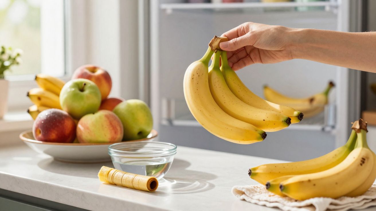Pessoa a segurar um cacho de bananas amarelas numa cozinha com frutas e potes numa bancada.