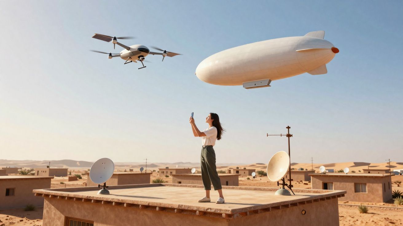 Mulher numa cobertura no deserto, a controlar um drone e um dirigível branco voando no céu.