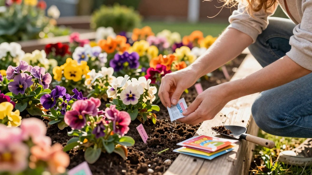 Pessoa a semear flores multicoloridas num canteiro de jardim ensolarado.