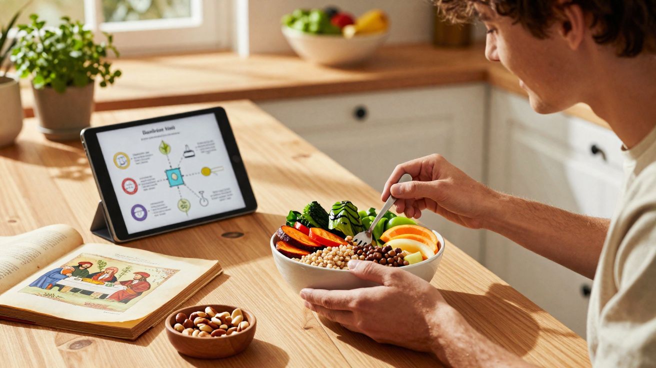 Pessoa a comer uma tigela de salada colorida à mesa, com tablet e livro abertos à frente.