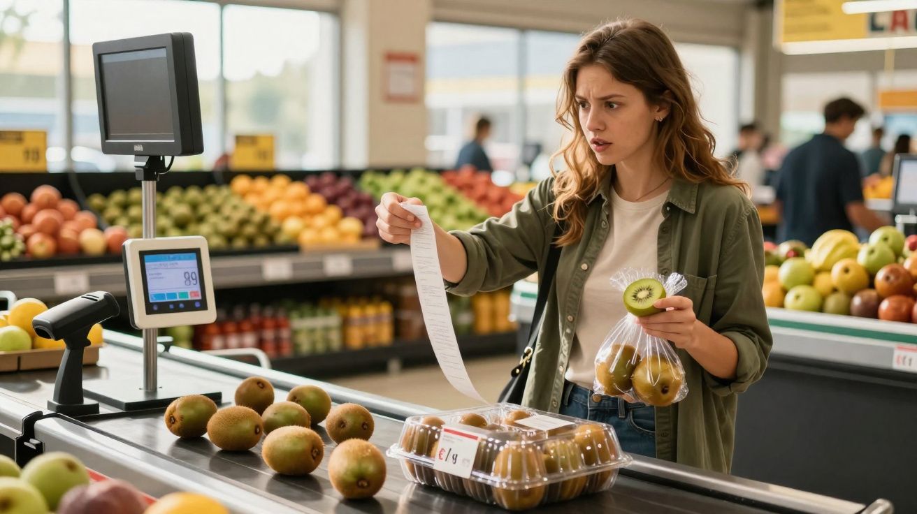 Mulher no supermercado a pesar e consultar o preço de kiwis na caixa registadora.