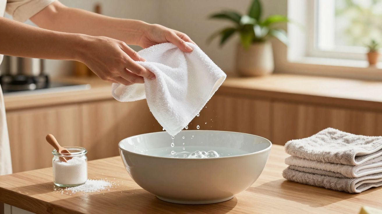 Pessoa a torcer uma toalha branca sobre uma tigela branca cheia de água numa cozinha iluminada.