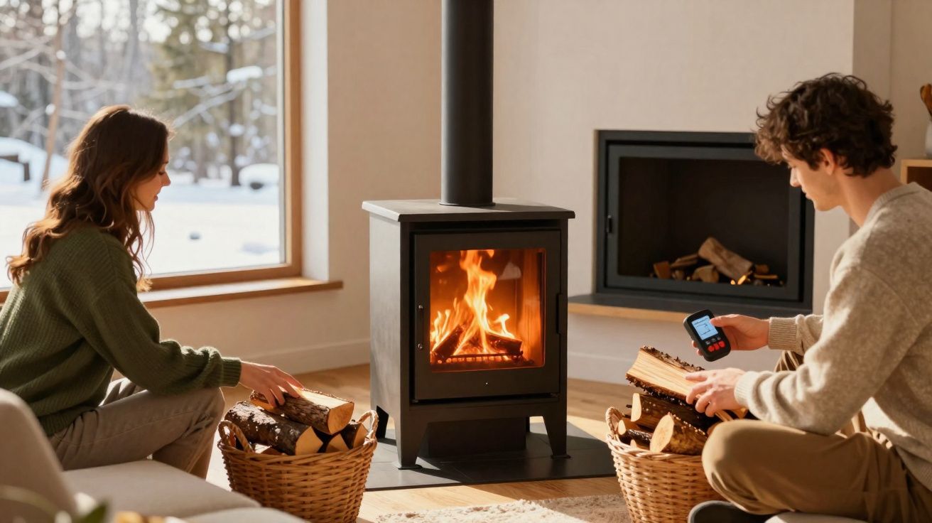 Casal junto a uma lareira a lenha num ambiente acolhedor e iluminado, com cestos de madeira.