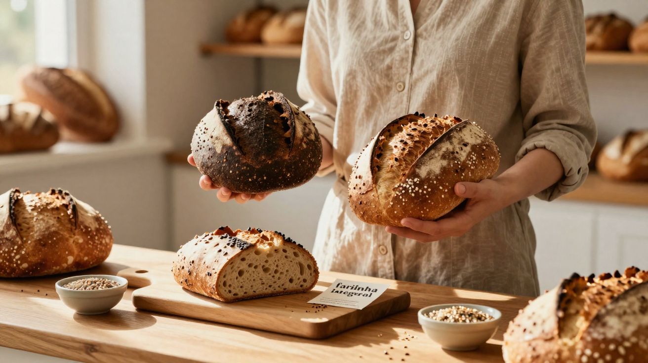 Pessoa segurando dois pães variados num balcão com vários pães e tigelas de sementes numa padaria iluminada.