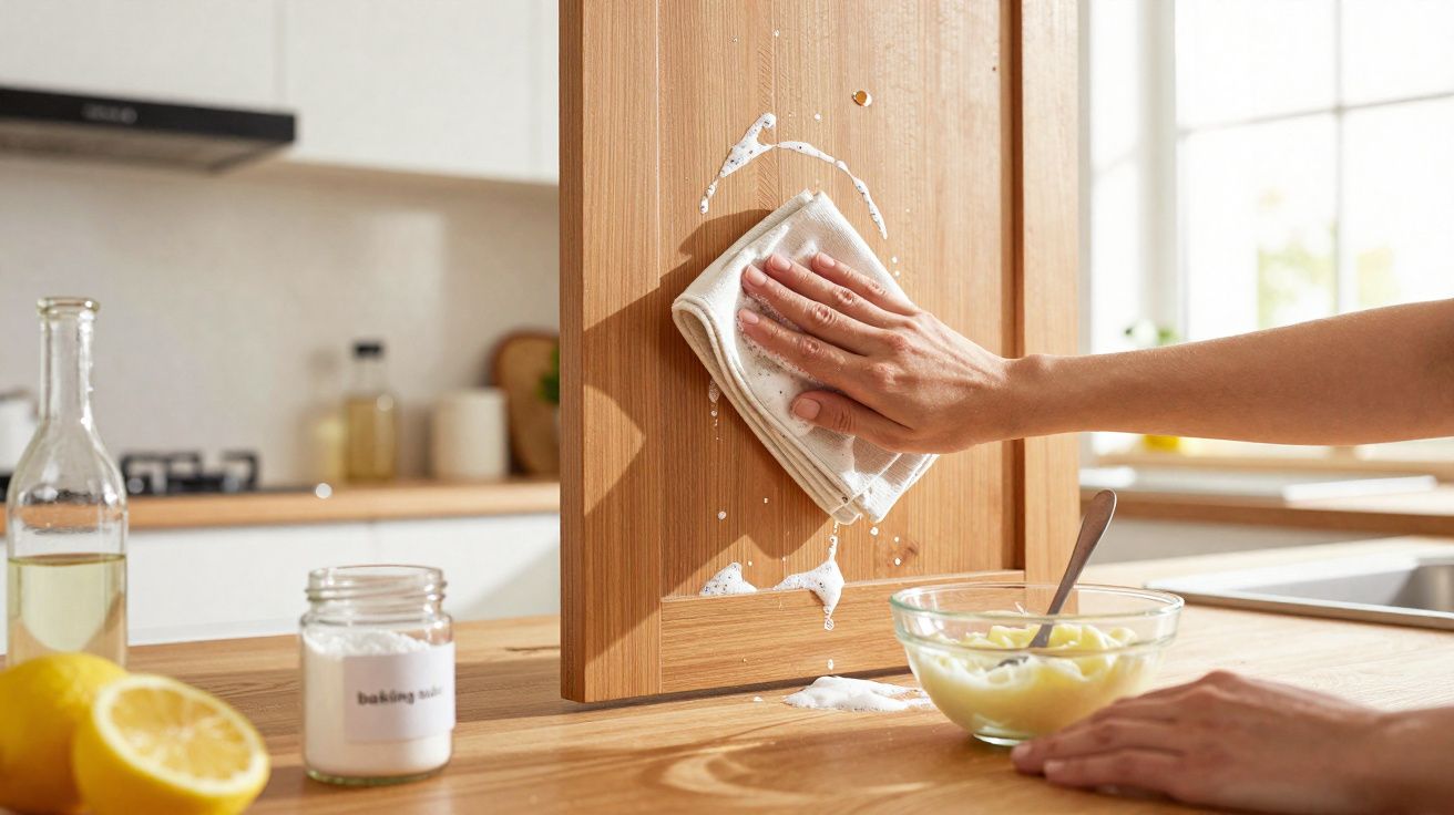 Mão a limpar tábua de madeira com pano, com ingredientes naturais de limpeza visíveis na cozinha bem iluminada.