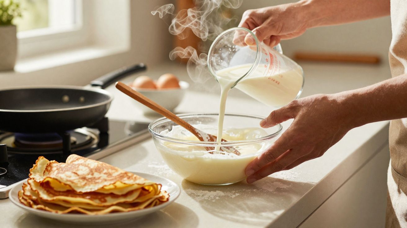 Pessoa a preparar massa para crepes, com leite a ser vertido numa taça enquanto crepes estão num prato ao lado.