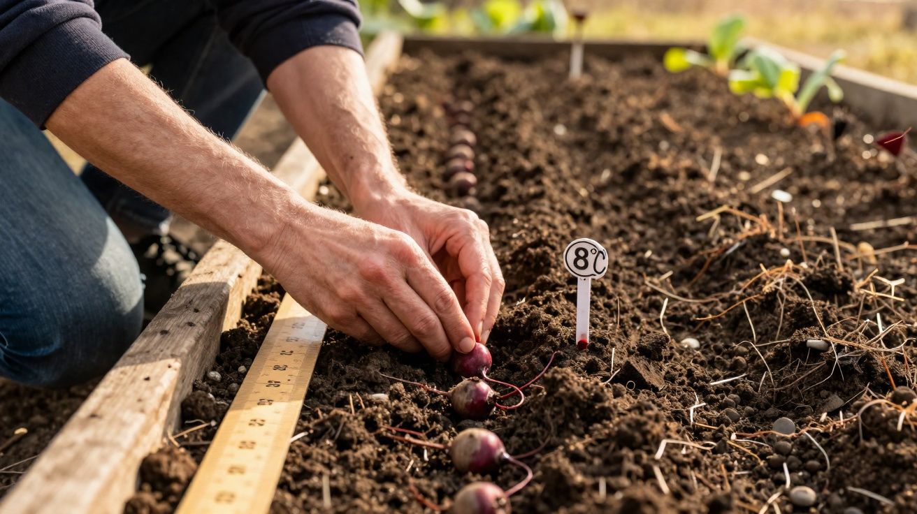 Mãos a plantar cebolas roxas organizadas em linha em canteiro de madeira com régua e marcador de 8ºC.
