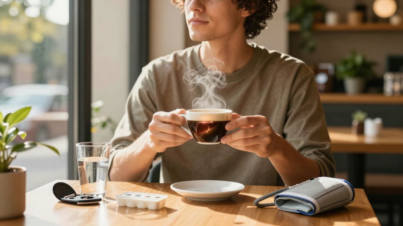 Homem sentado com um chá quente nas mãos, à mesa com termómetro e medidor de pressão arterial.