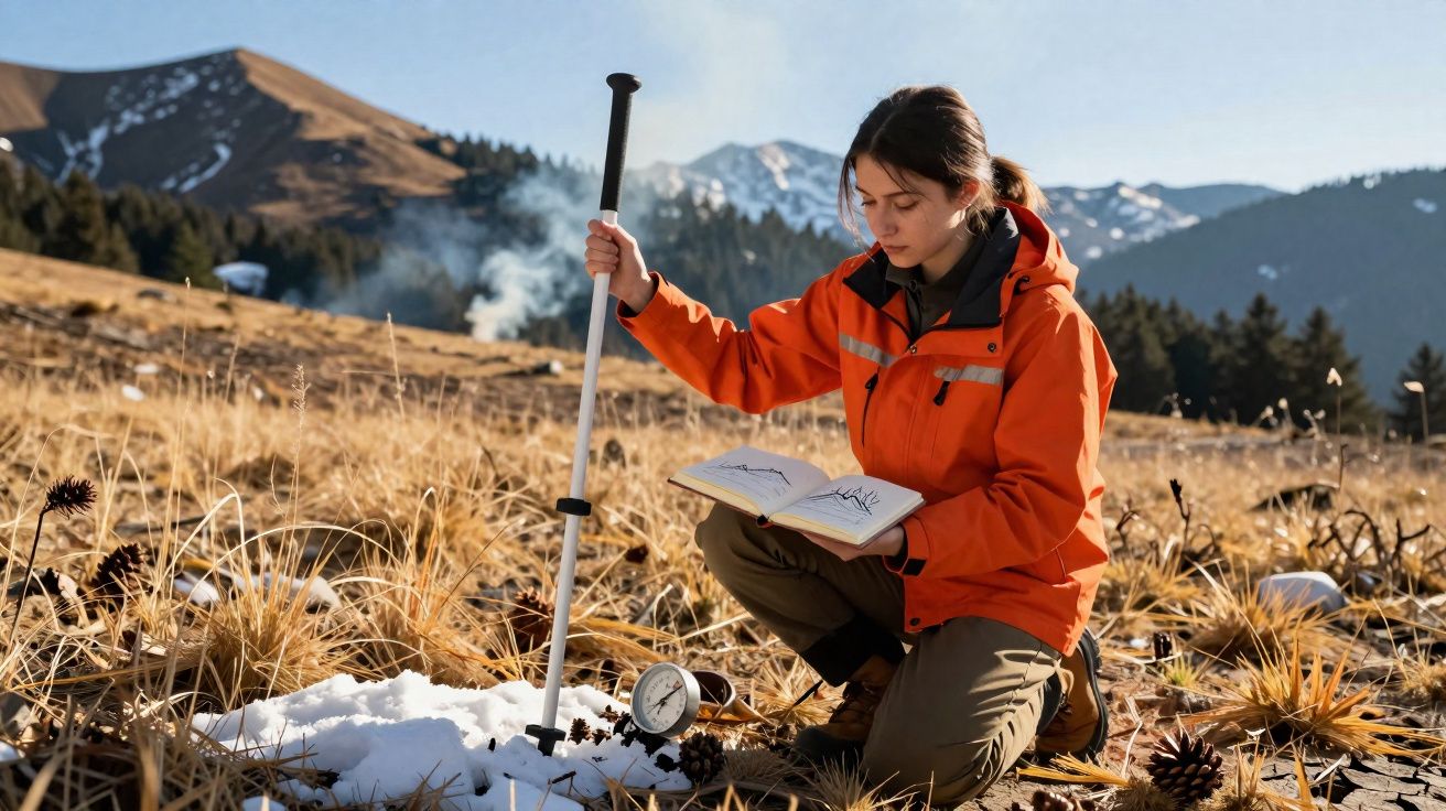 Mulher vestida de laranja analisa dados de neve numa montanha com cadernos e equipamento de medição.
