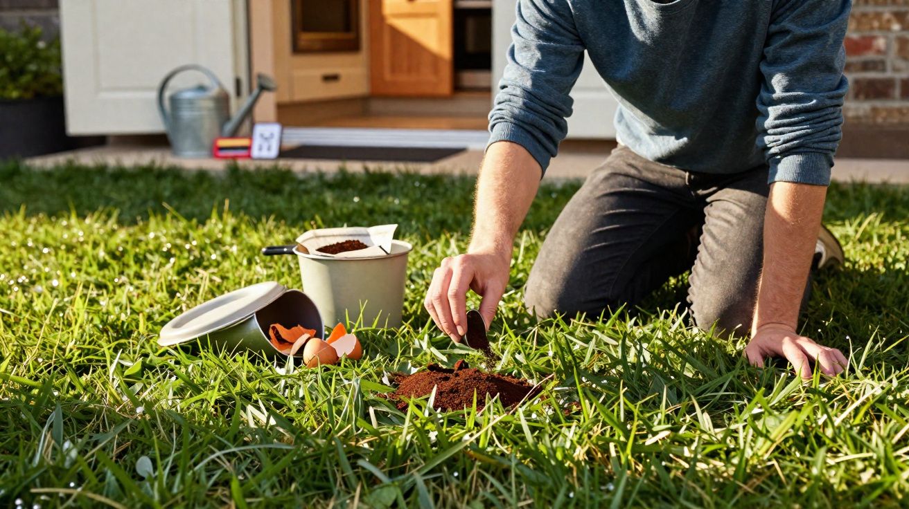 Pessoa a preparar composto orgânico no relvado junto a casa com cascas de ovo e borra de café.