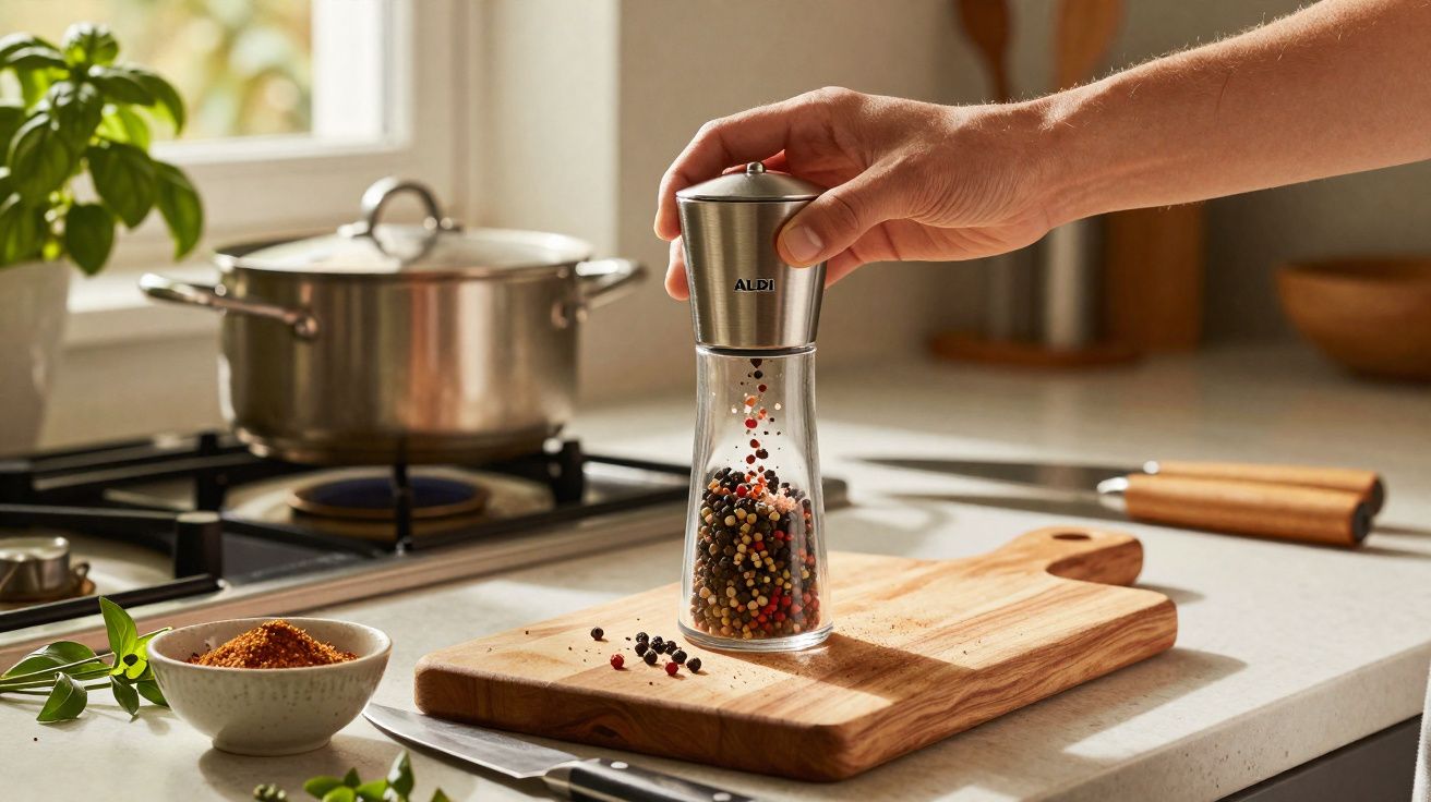 Mão a moer pimenta colorida numa moedeira sobre tábua de madeira, ao lado de fogão e utensílios de cozinha.