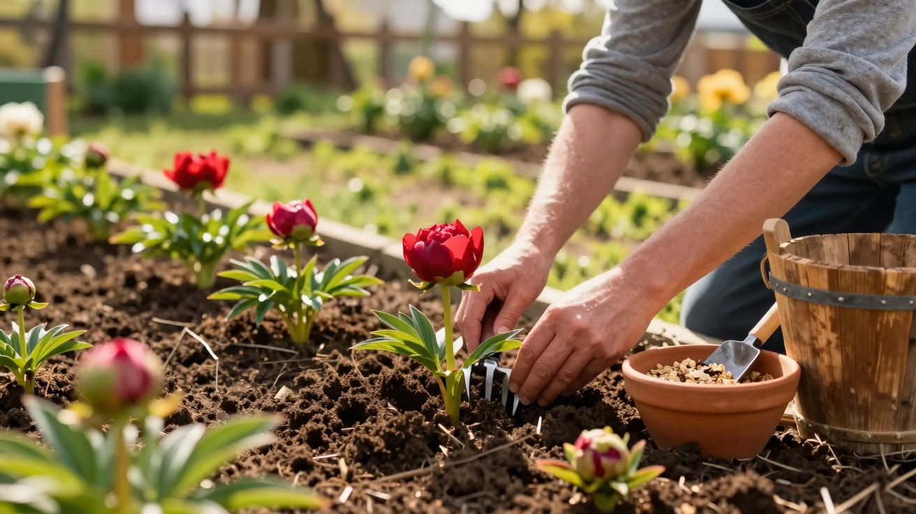 Pessoa a cuidar e a plantar flores vermelhas numa horta com solo preparado e ferramentas de jardinagem.
