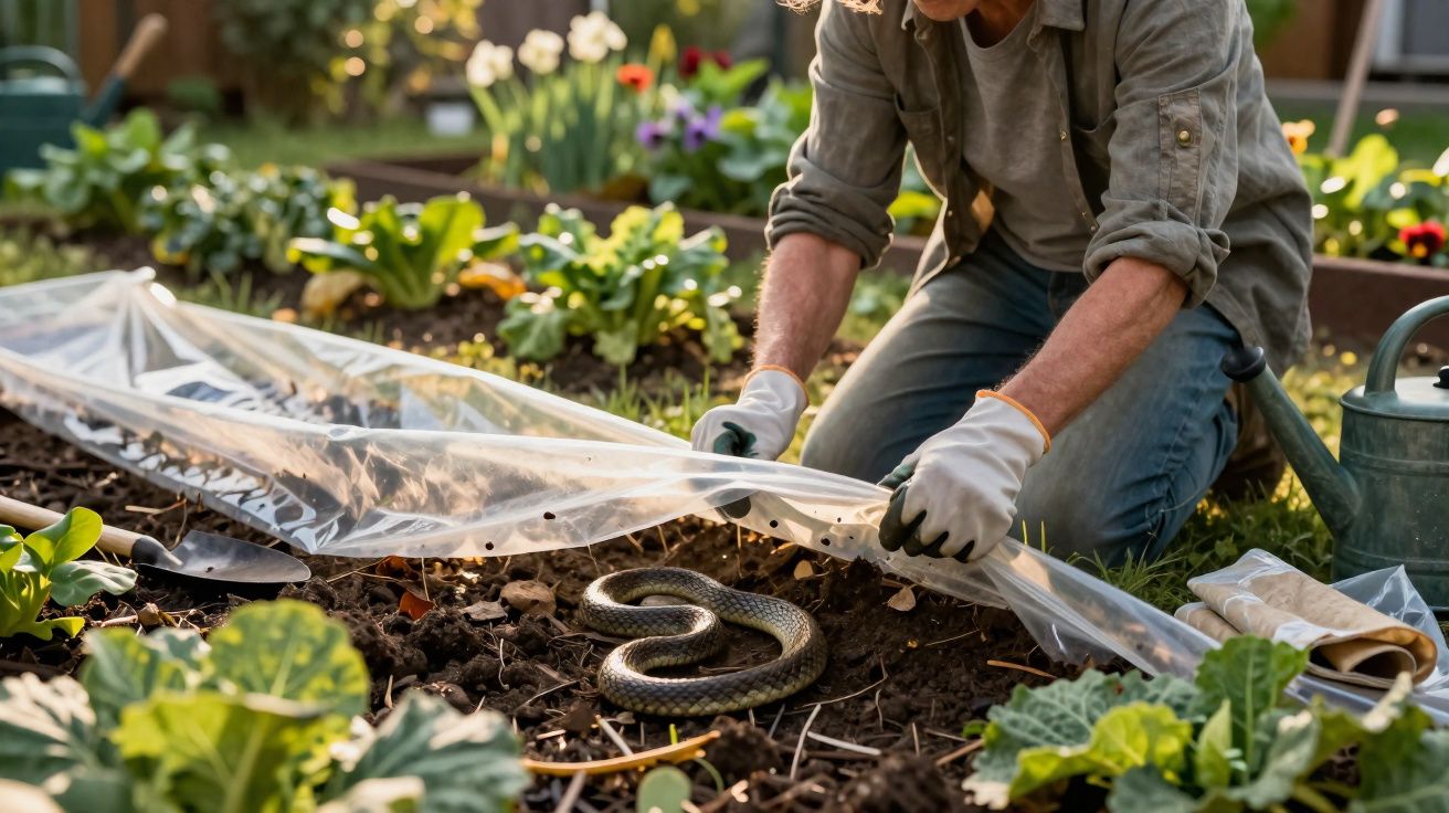 Pessoa de luvas a retirar plástico do solo onde está uma cobra enrolada num jardim.