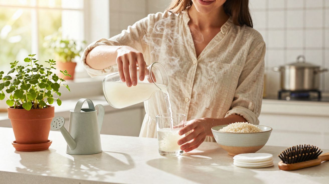 Mulher a verter líquido de jarro para copo numa cozinha com plantas e itens de cuidado pessoal.