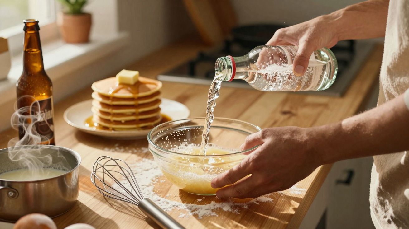 Pessoa a preparar massa de panquecas numa cozinha com pilha de panquecas, garrafa de cerveja e utensílios.
