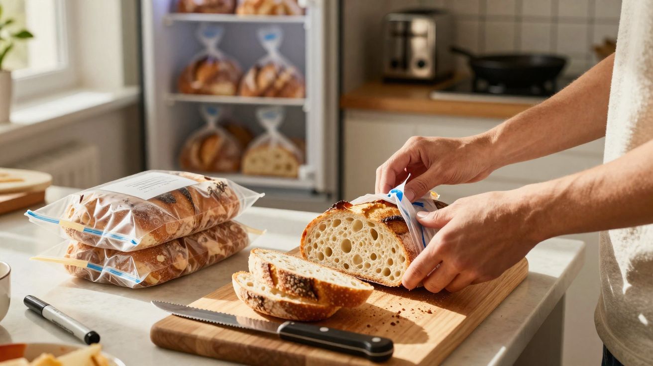 Pessoa a guardar pão fatiado num saco plástico numa bancada de cozinha com pacotes de pão ao fundo.