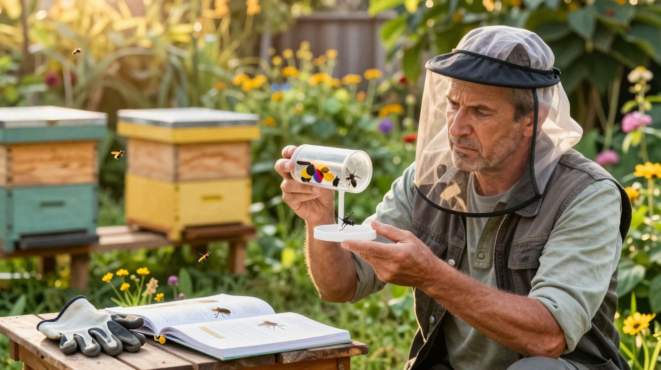 Apicultor com rede na cabeça a examinar abelhas numa caixa plástica no jardim junto a colmeias coloridas.
