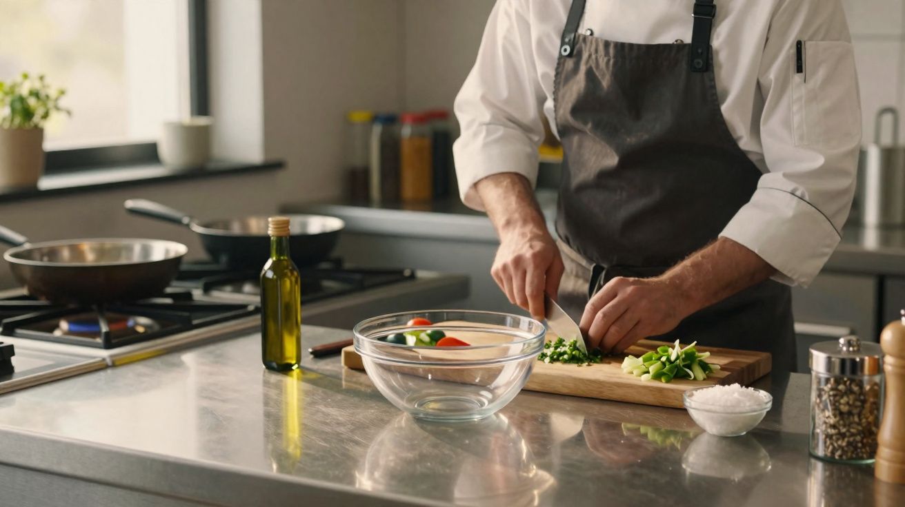 Chef a cortar ervas frescas numa tábua numa cozinha profissional com ingredientes e utensílios à volta.