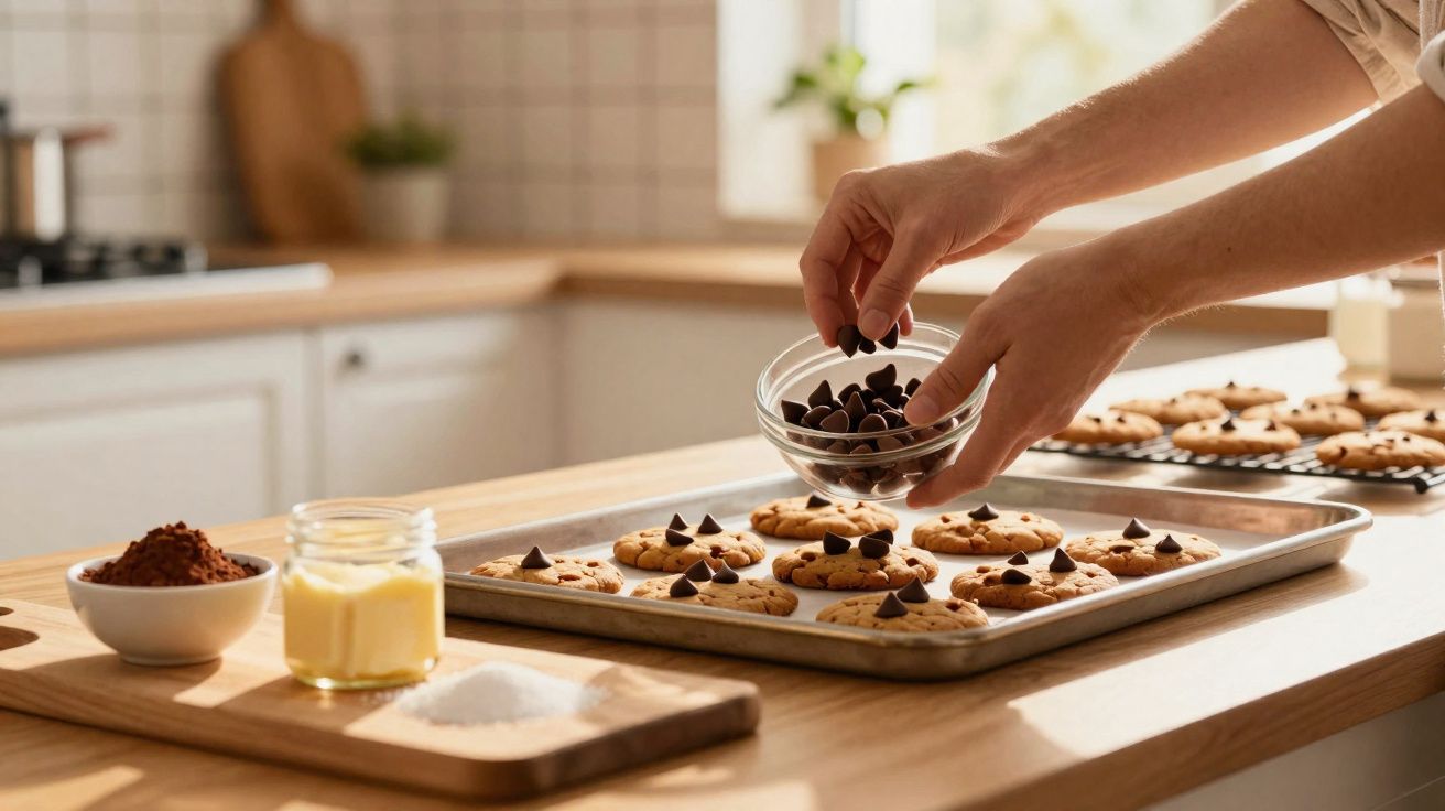 Mãos a colocar gotas de chocolate em bolachas numa tabuleiro numa cozinha luminosa e organizada.