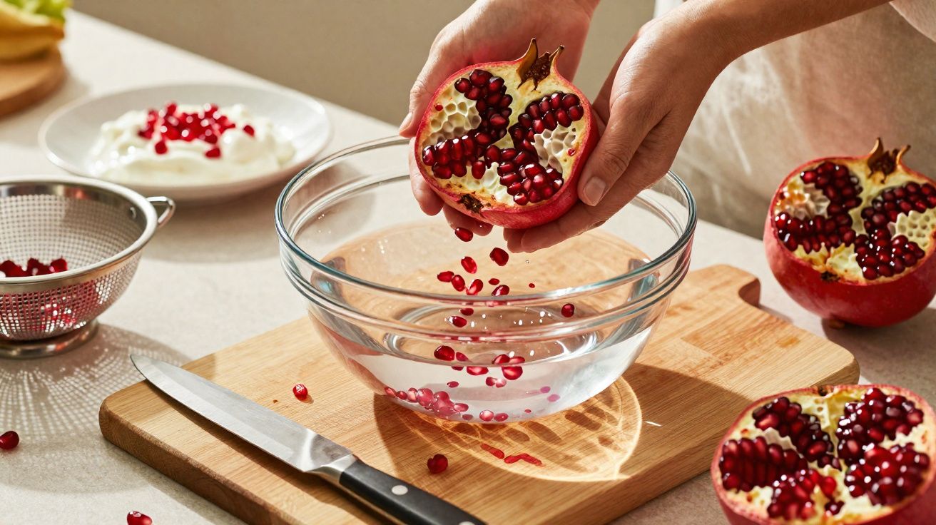 Mãos a retirar sementes de romã para uma taça de vidro sobre tábua de madeira com faca ao lado.