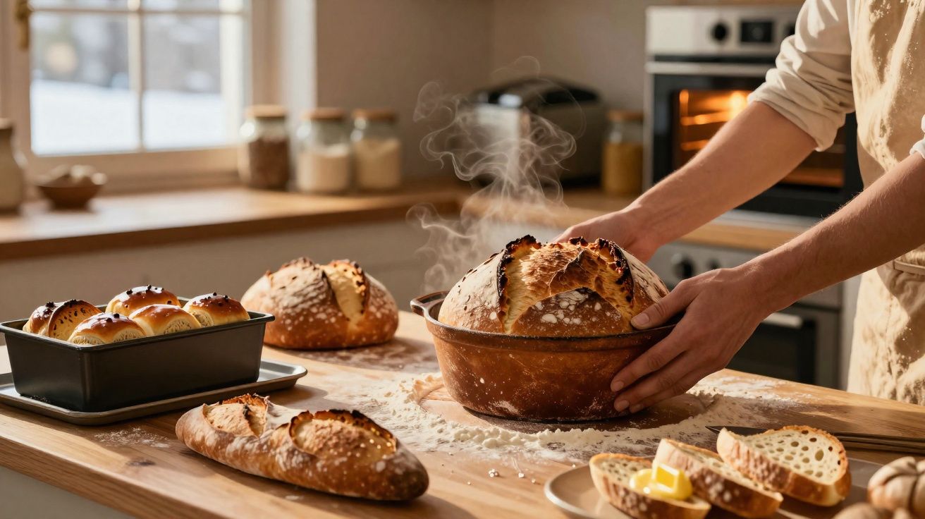 Pessoa a retirar pão quente acabado de sair do forno numa cozinha acolhedora e iluminada.