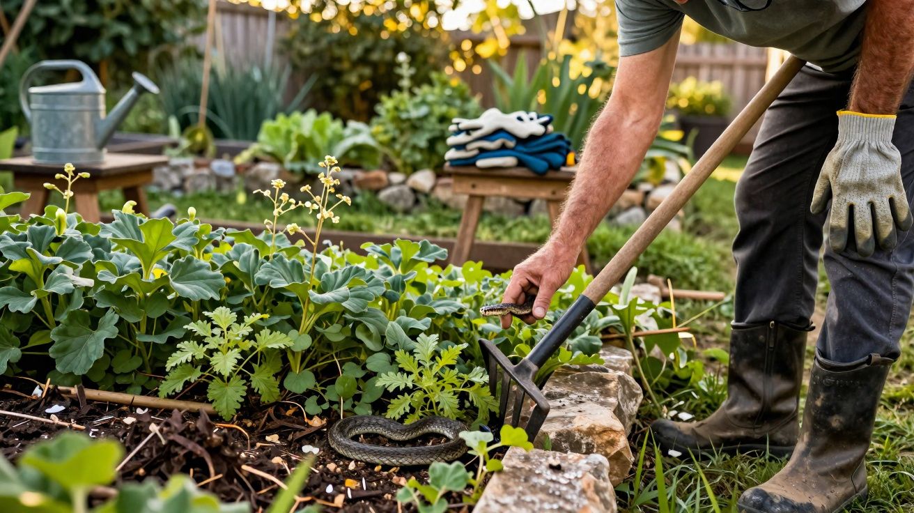 Homem a apanhar uma cobra num jardim com luvas e ferramentas de jardinagem ao entardecer.