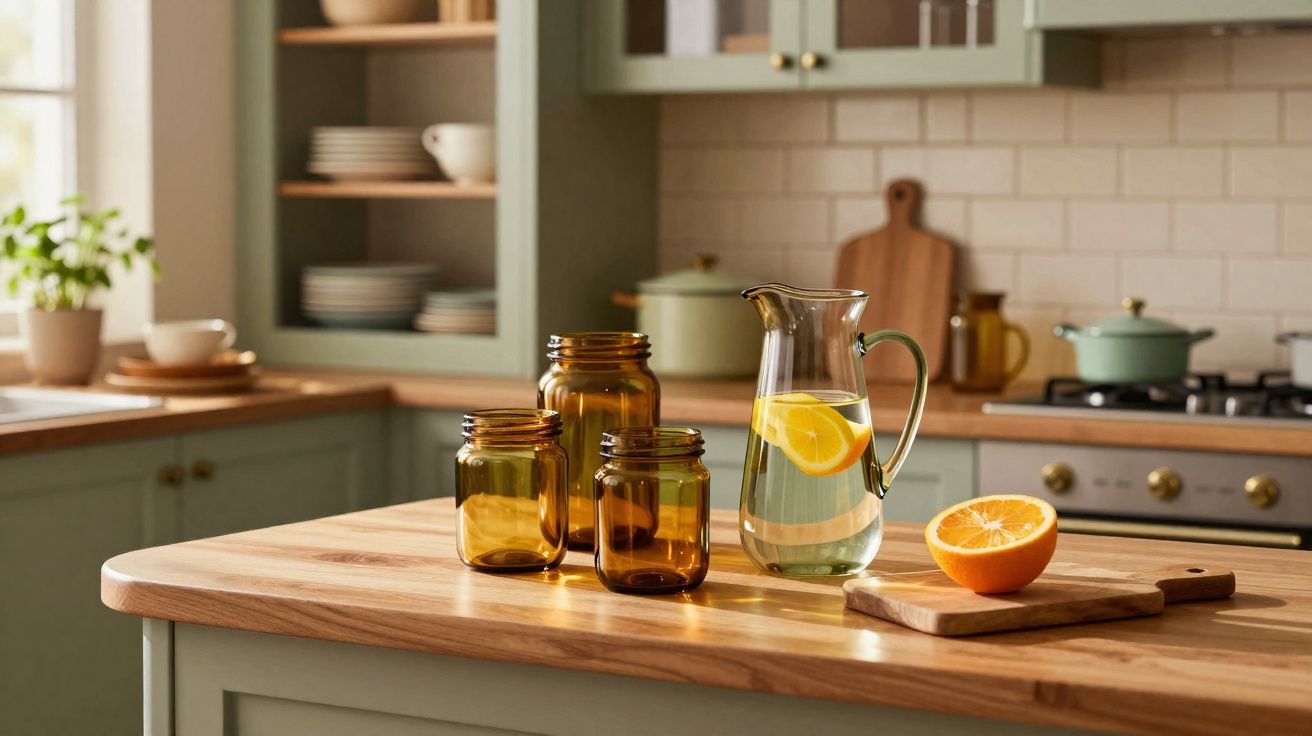 Cozinha com jarra de água e limão, frascos de vidro castanhos, meio limão num tábuo de madeira.
