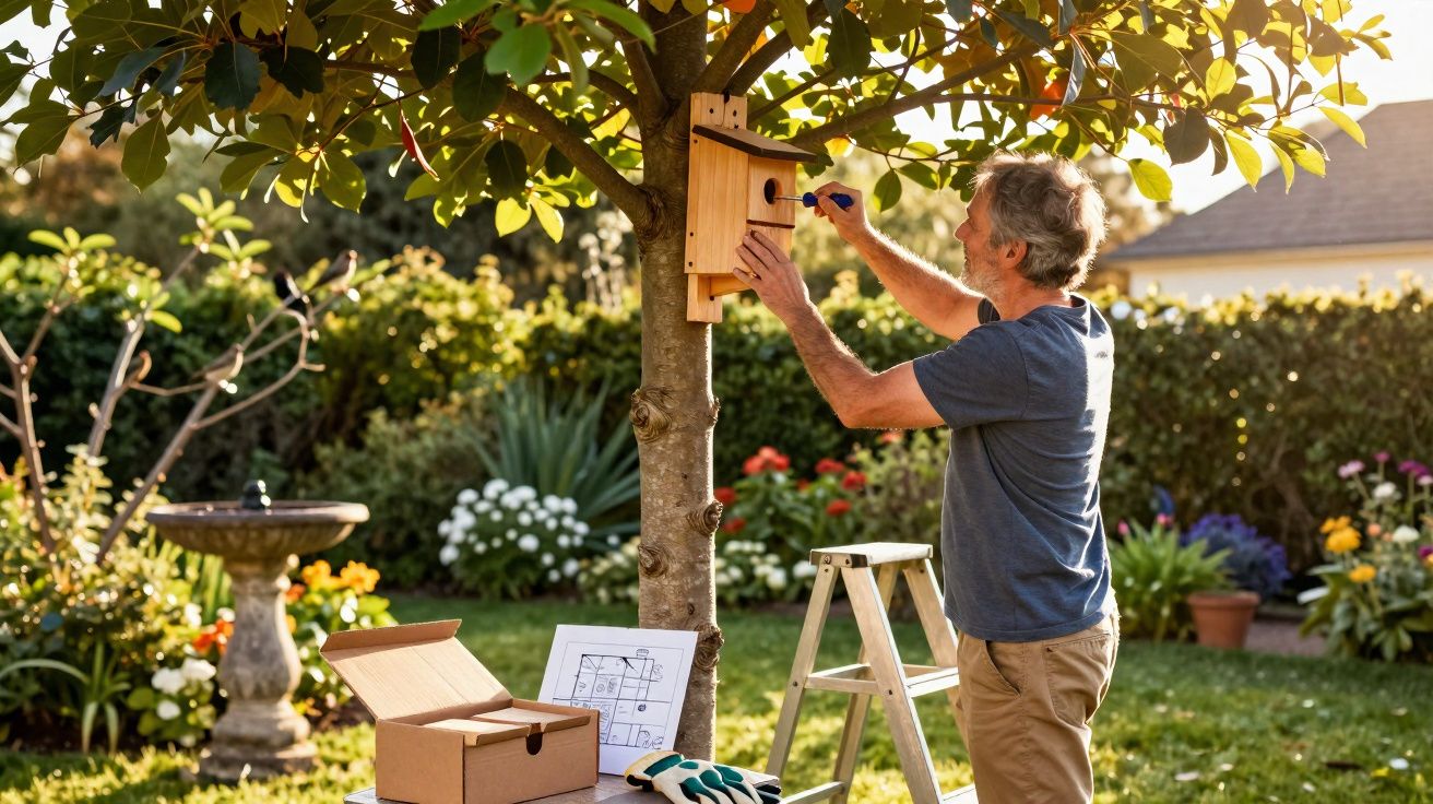 Homem a instalar e marcar casa para pássaros numa árvore num jardim soalheiro com flores e escadote.