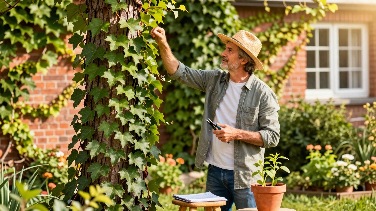 Homem com chapéu a cuidar de planta trepadeira num jardim com casa de fundo em dia soalheiro.