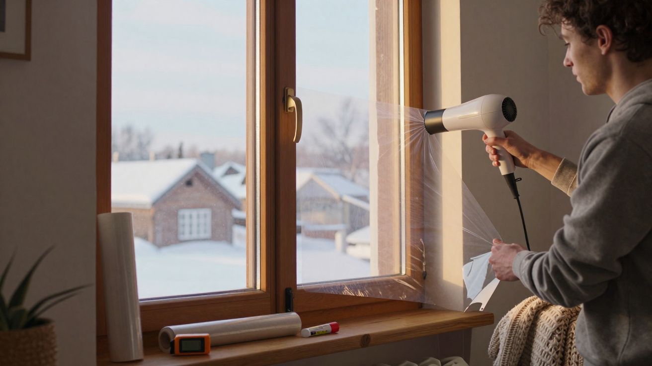 Homem a aplicar filme plástico na janela usando um secador de cabelo numa casa com neve lá fora.