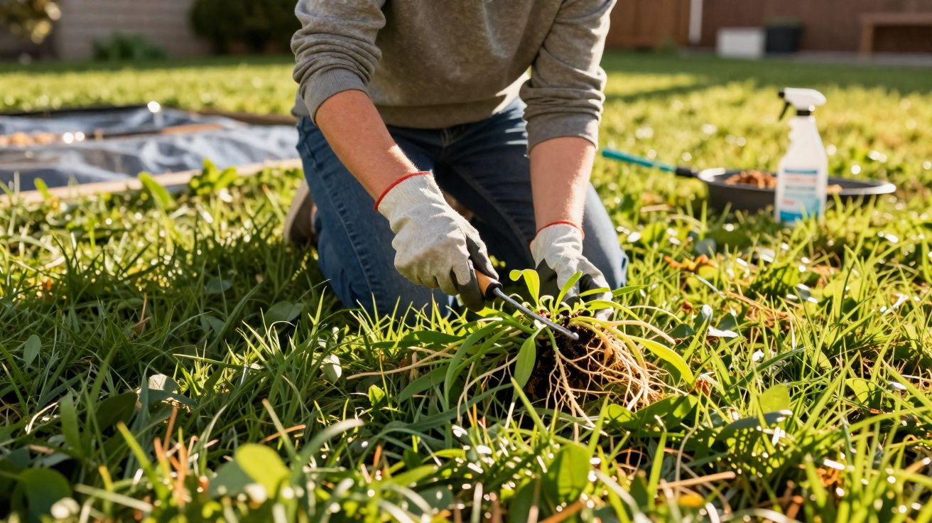 Pessoa de joelhos a arrancar planta com luvas no relvado de jardim ao sol.