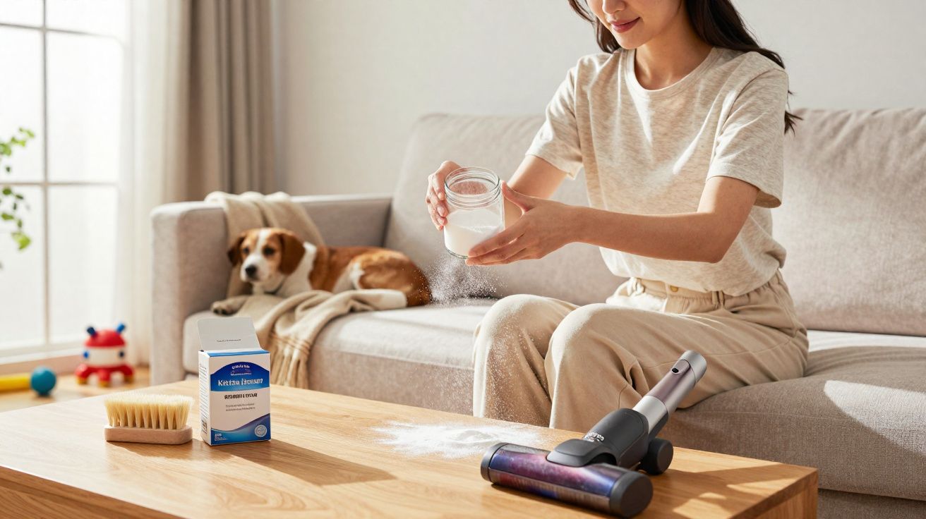 Mulher a aplicar produto em pó numa mesa de madeira para limpar com aspirador, cão no sofá ao fundo.