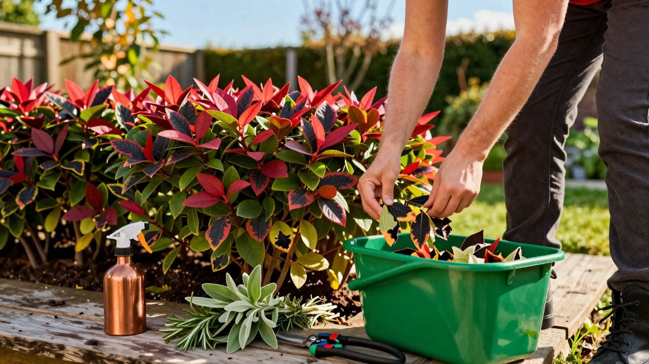Pessoa a apanhar folhas secas numa caixa verde junto a arbustos com folhas vermelhas num jardim.