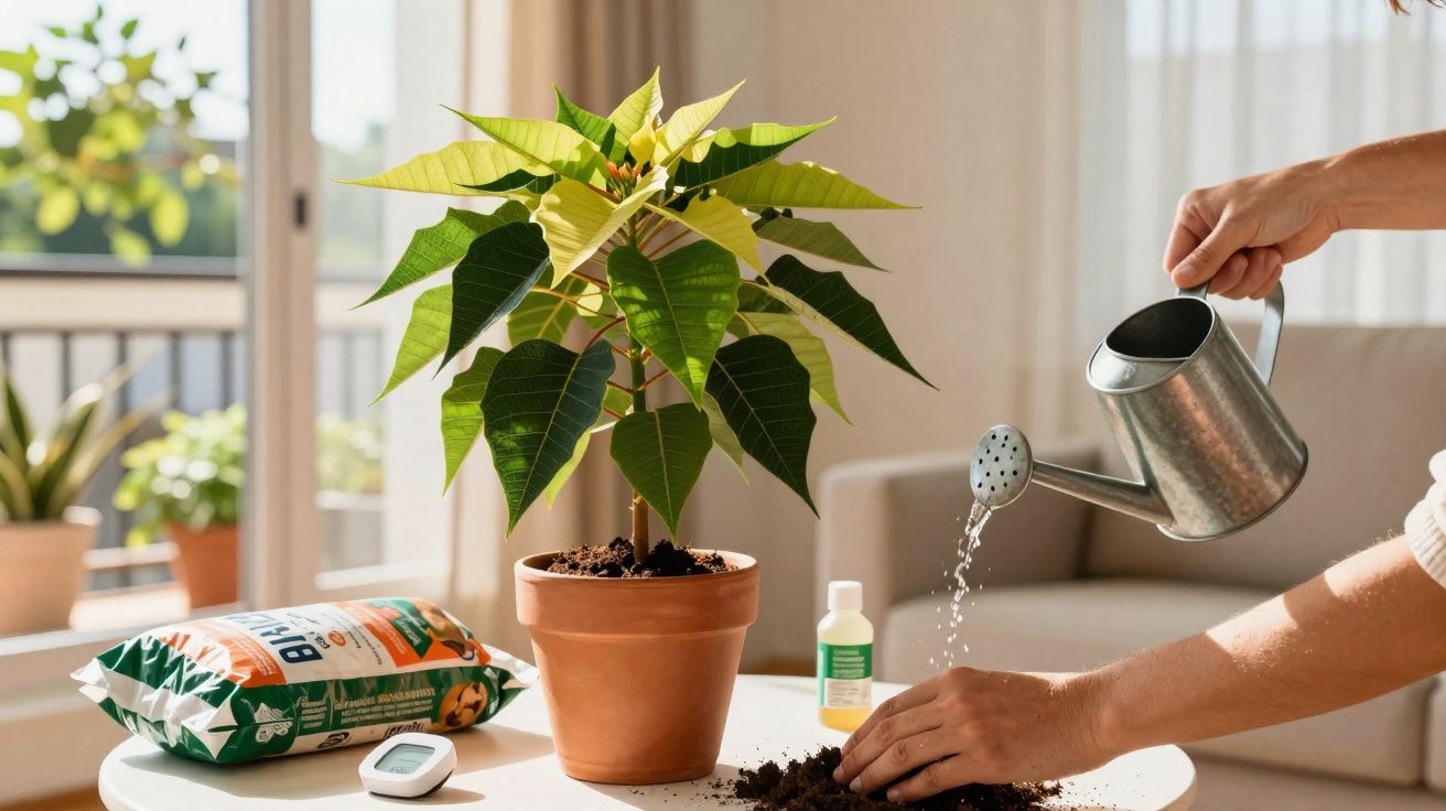 Pessoa a regar planta num vaso de barro numa sala iluminada, com terra e produtos de jardinagem na mesa.