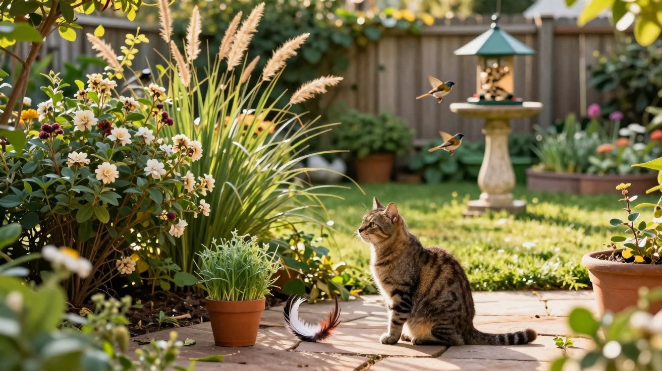 Gato sentado num jardim a observar pássaros voando perto de um alimentador de aves.