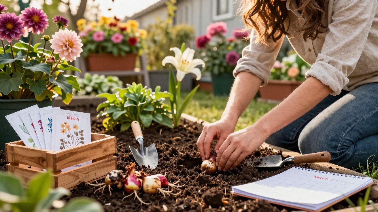 Pessoa a plantar bolbos de flores num jardim com ferramentas, sementes e calendário de março.