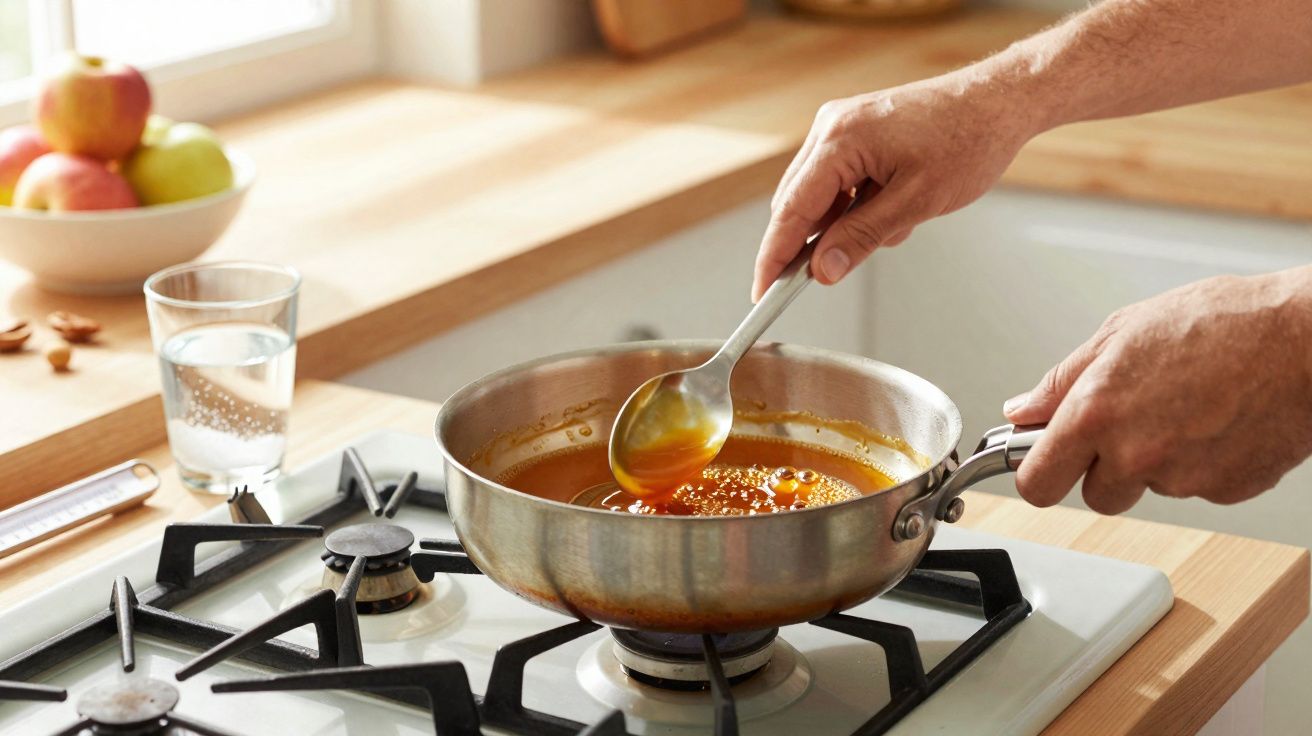 Duas mãos mexem um molho laranja numa panela de inox ao lume num fogão de gás.
