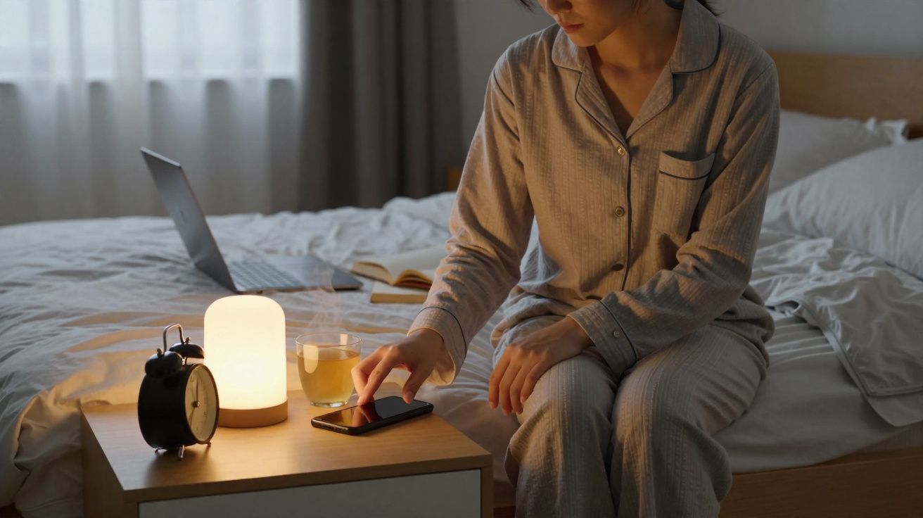 Pessoa de pijama sentada na cama a desligar o telemóvel num quarto com luz suave e chá na mesa de cabeceira.