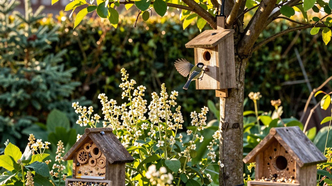 Pássaro a voar perto de um ninho de madeira suspenso numa árvore rodeada por flores brancas.