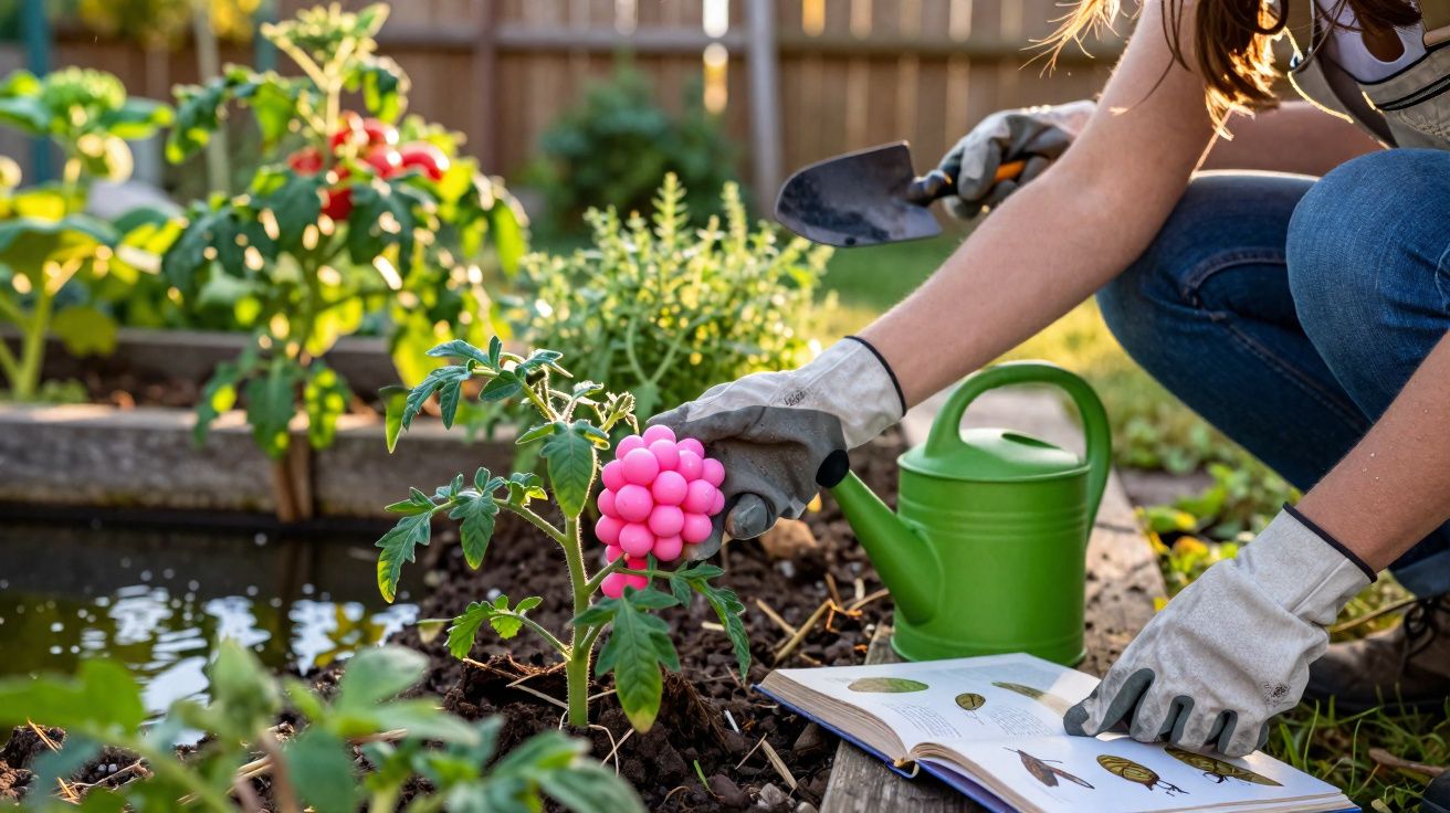 Pessoa com luvas a cuidar de planta com frutos cor-de-rosa numa horta, com regador verde e livro aberto.