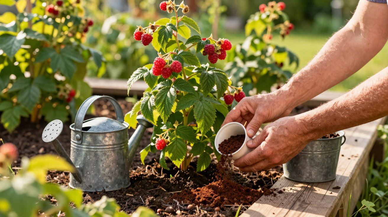 Pessoa a preparar fertilizante para um arbusto de framboesas num jardim ensolarado.