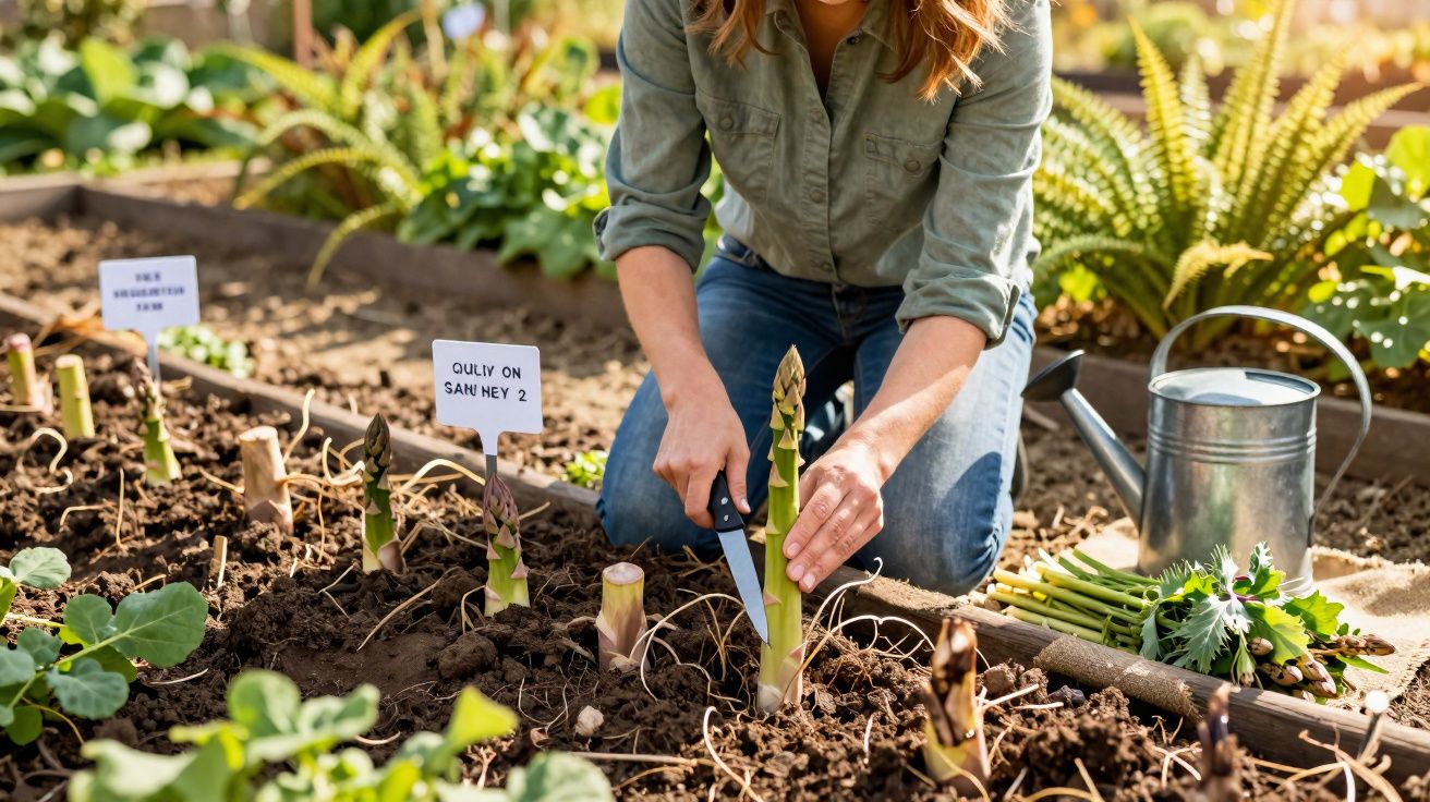 Pessoa colhendo espargos verdes numa horta com regador e outros espargos ao lado.