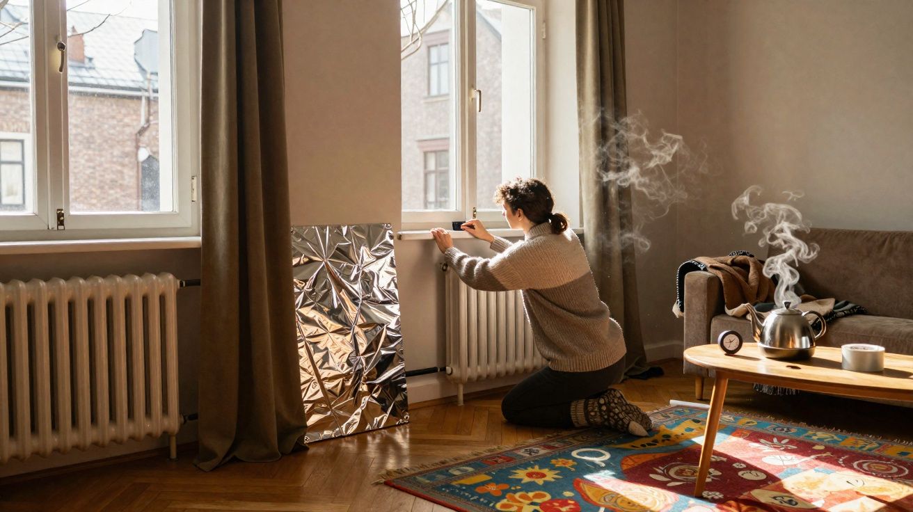 Pessoa a abrir janela num quarto com sol a entrar e chaleira a ferver numa mesa de centro.