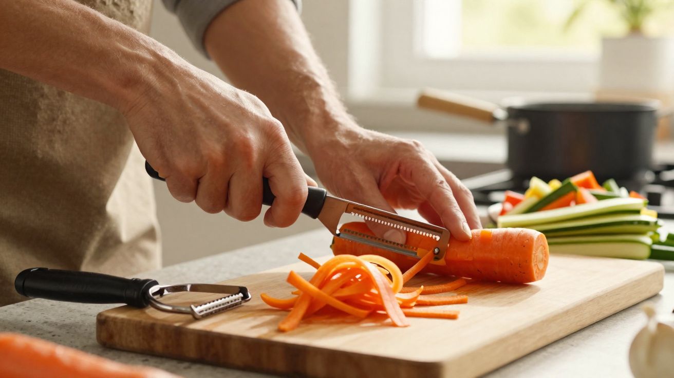 Pessoa a cortar cenoura em tiras finas numa tábua de cortar na cozinha, com legumes ao fundo.