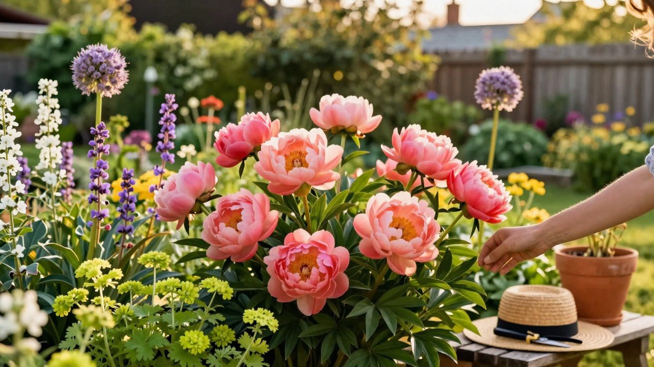 Jardim colorido com flores variadas, destaque para peónias rosa e mão a tocar uma flor ao pôr do sol.