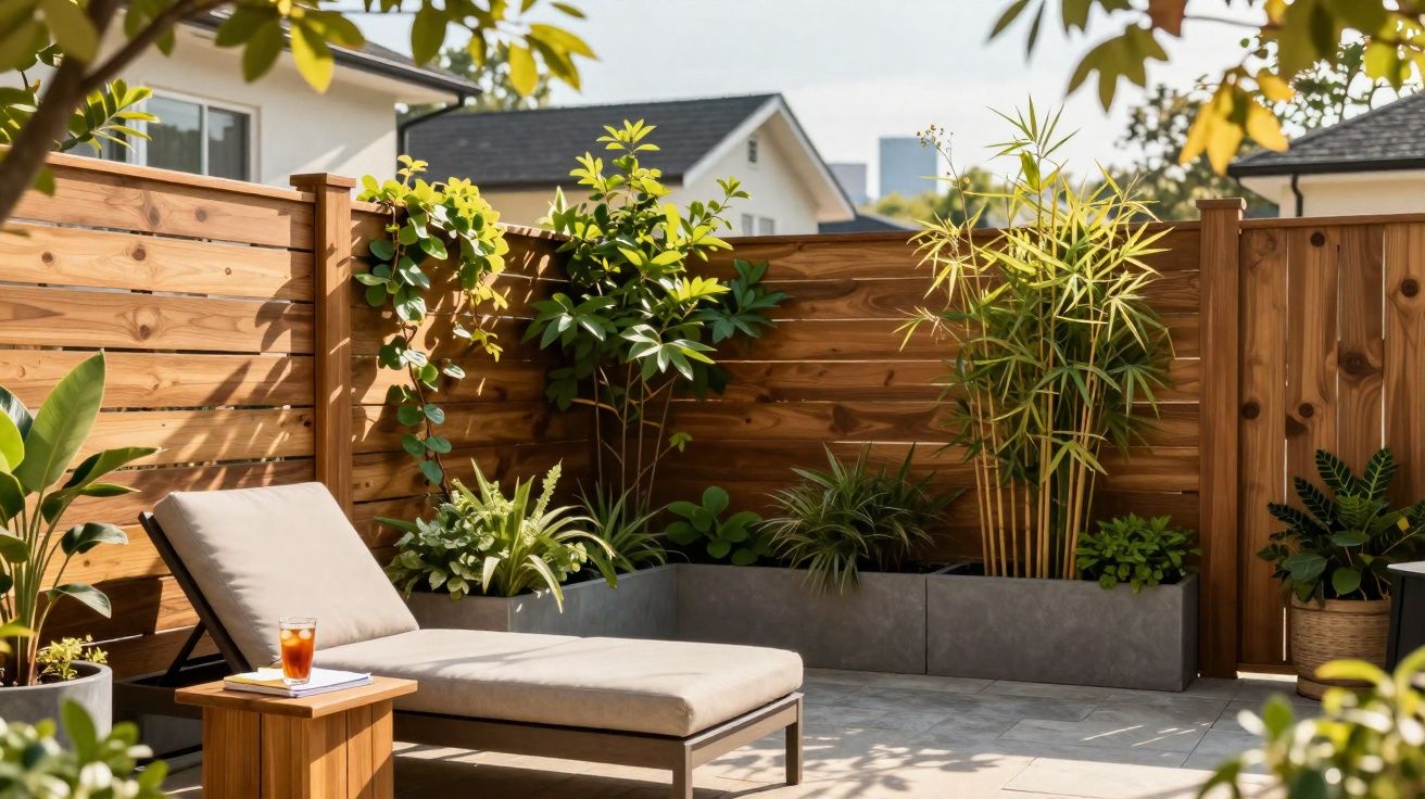 Espaço exterior com espreguiçadeira, plantas em vasos e cerca de madeira sob luz solar suave.