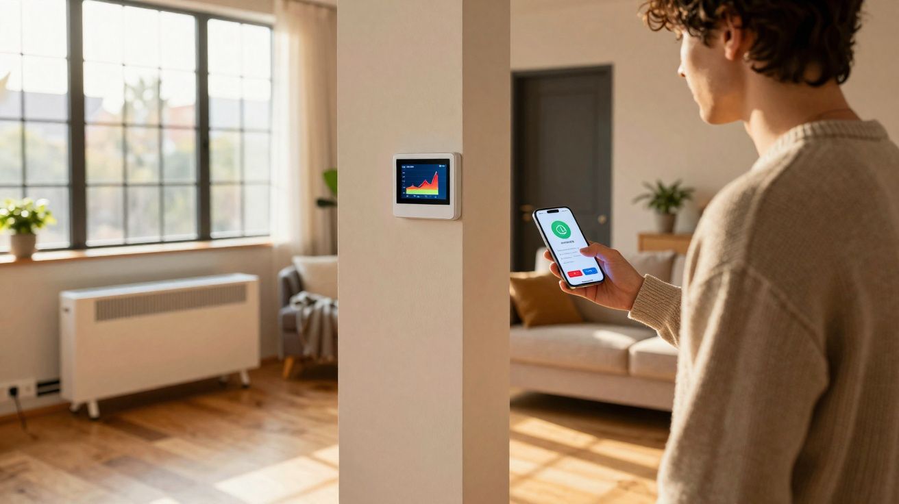 Pessoa a controlar sistema de aquecimento inteligente numa sala luminosa e moderna com smartphone e termostato.